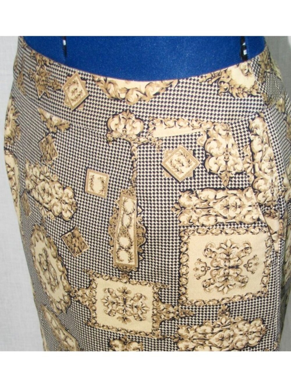Women 10 Preppy Old Money Pencil Skirt Modest Houndstooth 90s Retro Ornate Earth - Picture 2 of 10